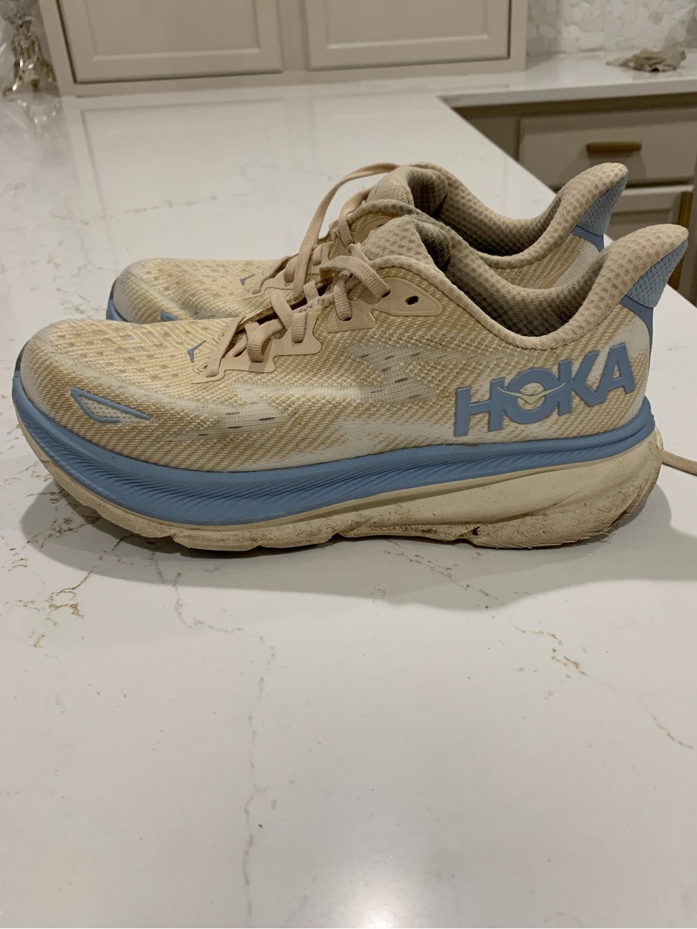 Hoka Women's Clifton 9  Running Sneakers in Beige and Light Blue size 9 B
